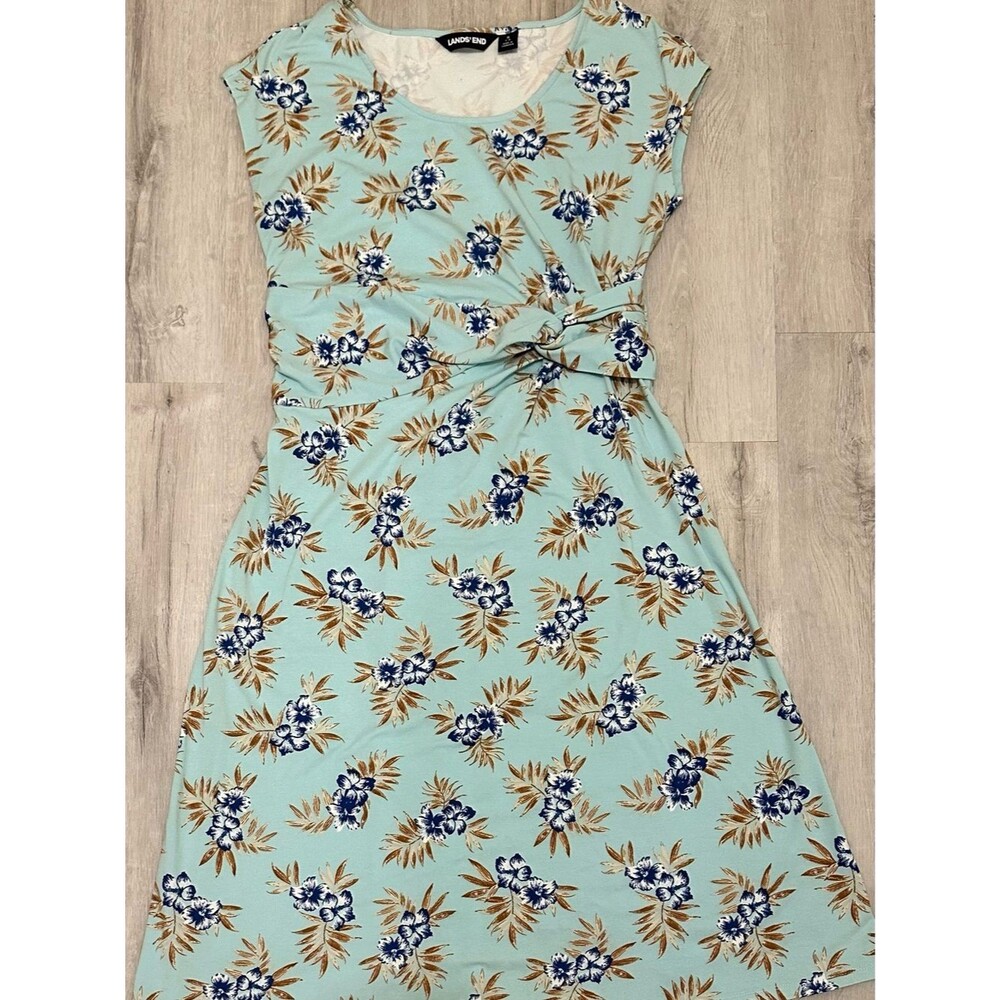 Lands' End Light Blue Floral Knot-Waist Women's Dress